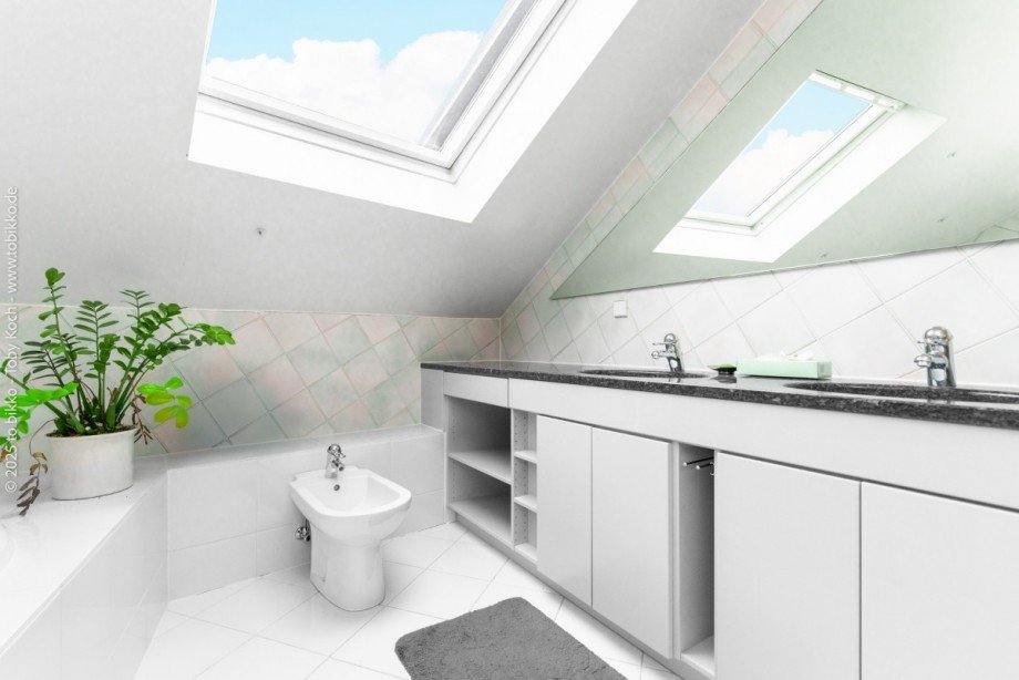 Masterbad mit Bidet, Doppelwaschtisch und Tageslicht - DG Einfamilienhaus Neu-Isenburg