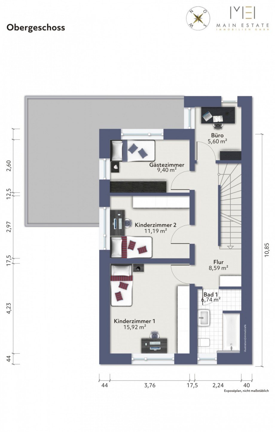 Grundriss OG visualisiert Doppelhaush�lfte Dreieich